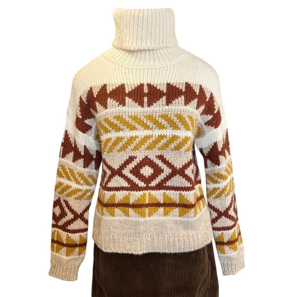 Elsamanda Alpaca Blend Turtleneck Sweater Size M Cream Brown Gold Comfy Scandi